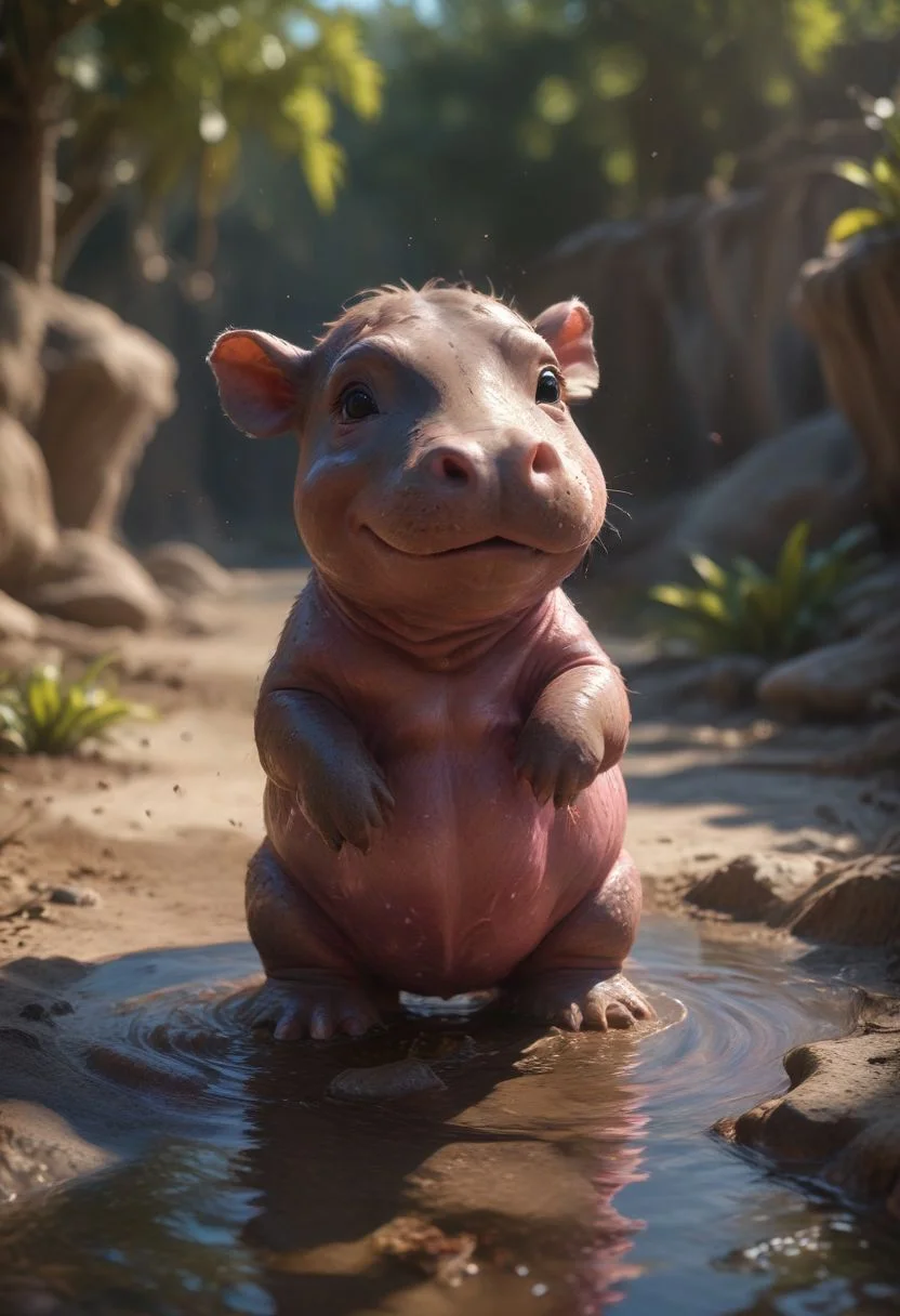 A playful baby hippopotamus, its pink skin glistening in the sunlight, splashes playfully in a muddy pool, its tiny ears flapping with joy, 8k, hyperrealistic.