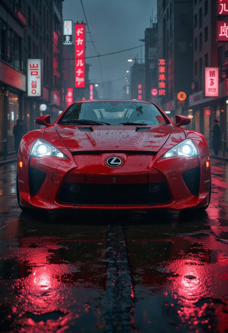 fisheye, wide shot, reflection on wet road, realistic illustration, white LED headlights, red futuristic supercar, LEXUS LFA, cockpit, drift, (Motion Blur:1.5), (Sound Effects:1.5), the artwork combines the following artistic styles: a sketched outline of the vehicle and the scenery, overlaid with vibrant splashes of watercolor to depict earth tones, night city, TOKYO cityscape, neon, dark, FluxBoost, incredible quality, 8k, wallpaper, absurd, The lighting is soft and natural, creating depth and atmosphere to the scene, cinematic angle, high-speed frame.
 <lora:Dieselcore:0.7> d1eselc0re <lora:Glitchcore_Flux:0.4> gl1tchc0re