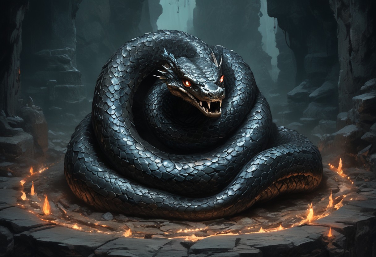 Master piece, hyper realistic,pov ,look up,A massive, black, serpentine dragon coils tightly around its hoard of treasure, resting atop piles of gold, jewels, and bones within its lair. The dragon's sleek, snake-like body winds through the cavern, its scales gleaming darkly in the dim light. The cave is filled with jagged, sharp rocks, adding to the eerie atmosphere. Anyone who dares enter is overwhelmed by a sense of terror, knowing the dragon guards its treasure with deadly precision."dragon