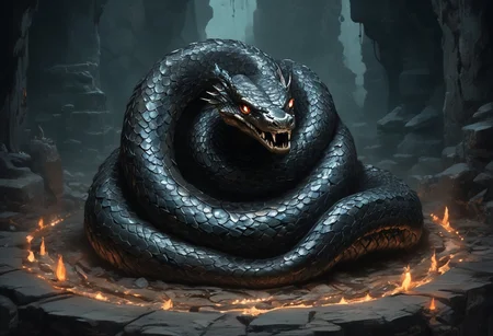 Master piece, hyper realistic,pov ,look up,A massive, black, serpentine dragon coils tightly around its hoard of treasure, resting atop piles of gold, jewels, and bones within its lair. The dragon's sleek, snake-like body winds through the cavern, its scales gleaming darkly in the dim light. The cave is filled with jagged, sharp rocks, adding to the eerie atmosphere. Anyone who dares enter is overwhelmed by a sense of terror, knowing the dragon guards its treasure with deadly precision."dragon