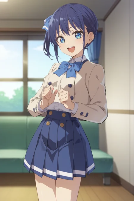 score_9, score_8_up, score_7_up, score_6_up, score_5_up, score_4_up, BREAK source_anime, 1girl, solo,
<lora:NagisaXL-v1-07:0.7>, ChopioNagisa, short hair, blue hair, side ponytail, hair bow, blue eyes, side braid, looking at viewer,
outfit_1, beige jacket, closed jacket, collared shirt, bowtie, cropped jacket, double-breasted, long sleeves, blue skirt, pleated skirt,
living room, standing, smile, open mouth, :d, upper teeth only,