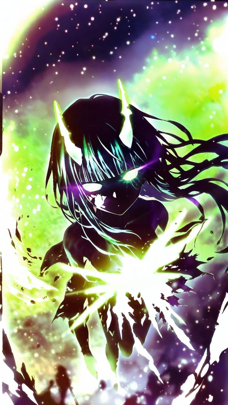 1girl, kid , small breast  , from above, dragon girl, (dragon horns:1.2), flowing hair,  dark green eyes , (glowing eyes:1.4), torn clothes, black hair, very long hair ,hair over eyes, covered eyes, blunt bangs , (burn injury glowing green on her face:0.85), green flaming eye, made of ([green and black]:1.3) colors, high contrast, high saturated, vivid deep blacks, (glowing flying green ember on the background:1.3), (simple background:0.85), blurry background,  (silhouette), harada miyuki style, masterpiece, best quality, <lora:harada_miyuki_style:1>