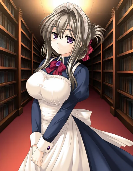 general,highres, ultra-detailed,very aesthetic,best quality ,best hands,  BREAK  <lora:Tomosato_Shiori_IS:1>TomosatoShiori, brown hair, large breasts, purple eyes, hair intakes, hair ribbon, red ribbon, folded ponytail,
1girl, solo, maid, mole, breasts, maid headdress, apron, smile, long sleeves, v arms, bookshelf, library, looking at viewer,