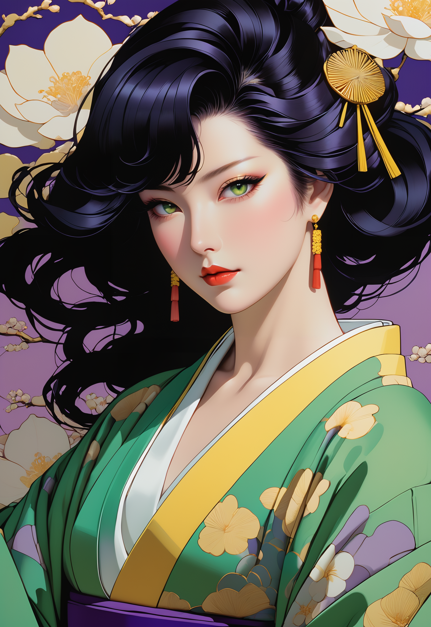 Princess yume in the purple kimono, in the style of patrick nagel, 8k resolution, noriyoshi ohrai, official art, rococo portraitures, light yellow and dark emerald, blink - and - you - miss - it detail