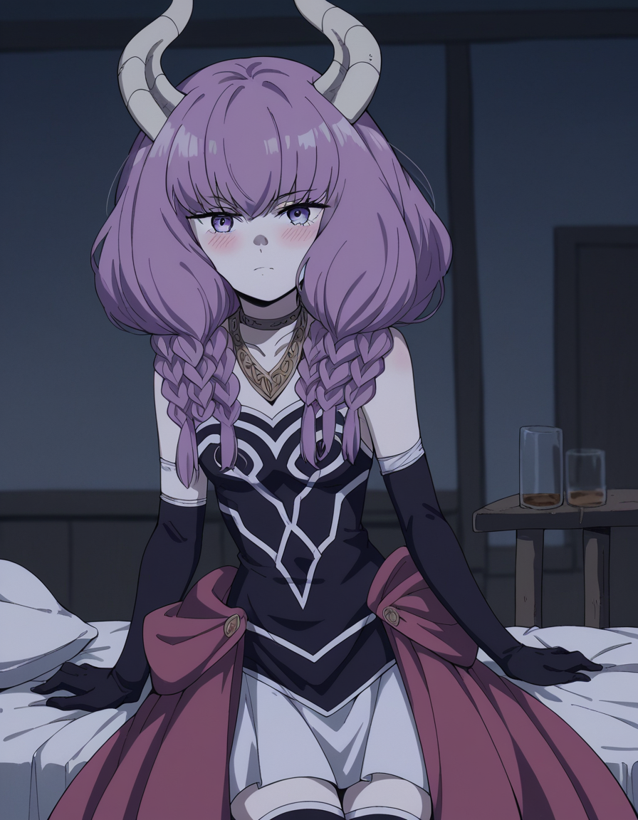 score_9, score_8_up, score_7_up, source_anime,
auratheguillotine, <lora:aura-the-guillotine-s1-ponyxl-lora-nochekaiser:1>,
aura the guillotine, long hair, purple eyes, purple hair, braid, horns, twin braids,
skirt, thighhighs, gloves, choker, black gloves, elbow gloves,
indoors, bed, bed room, on side, blush, drunk,
cowboy shot, solo, dutch angle, looking at viewer,