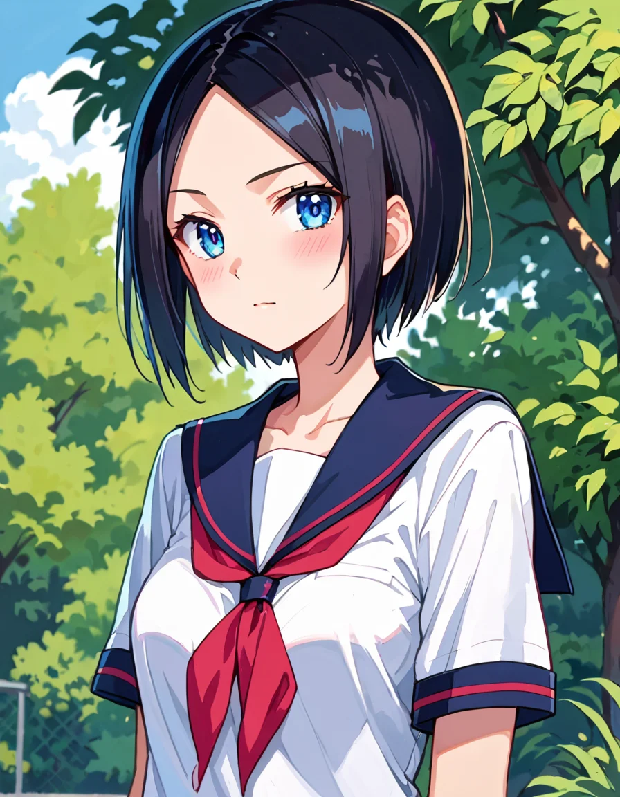 score_9, score_8_up, score_7_up, source_anime, anime screencap, anime coloring, masterpiece, best quality, traditional media, uncensored, 1girl, solo, (cowboy shot:1.2), eri todo, blue eyes, black hair, short hair, parted bangs, medium breasts, school uniform, serafuku, shirt, white shirt, short sleeves, black skirt, pleated skirt, <lora:eri todo_Iitai Koto wa_Pony:1>, outdoors, cute face, (skindentation:1.2), ultra detailed eyes, depth of field, sharp, (intricate details, hyperdetailed:1.15)