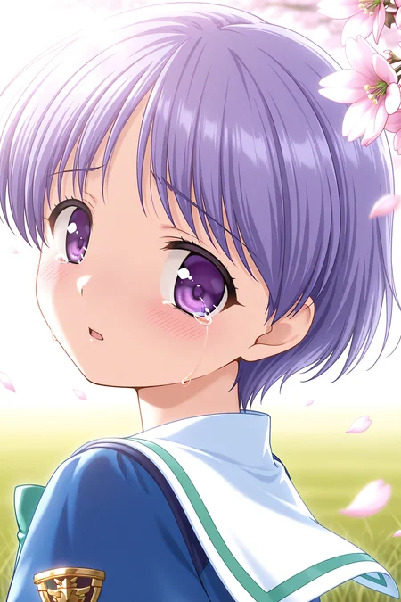 masterpiece, best quality, absurdres, official art, official style, rating general BREAK <lora:tachibanachihiro_IL_v1-3:0.7>, tachibana chihiro, 1girl, solo, purple eyes, light purple hair, short hair, bangs, flat chest, winter uniform, school uniform, serafuku, sailor collar, white sailor collar, green bowtie, blue jacket, emblem, collarbone, upper body, portrait, close-up, outdoors, sunlight, nature, day, tree, flower, cherry blossoms, petals, grass, glowing on backlight, blurry, depth of field,
blush, :o, from side, looking at viewer, looking back, looking to the side, open mouth, parted lips, raised eyebrow, tearful, tears