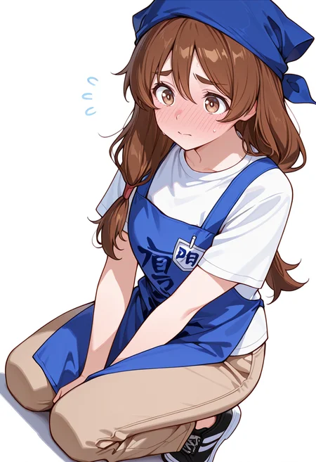 masterpiece,high quality details, absurdres,
<lora:Natsuno_Yamada:0.8>
natsuno_cnr, 1girl, brown hair, long hair, hair between eyes, brown eyes, thick eyebrows,low-tied long hair,
employee uniform, white shirt, short sleeves,blue apron,brown pants, blue headwear,black sneakers, clothes writing,, simple background, white background, sideways,solo,, worried,full-face blush,, determined expression,relaxed hands,kneeling on floor,