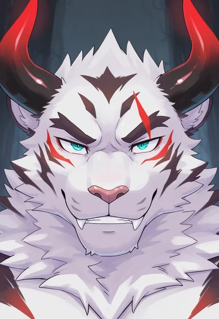 masterpiece,best quality,amazing quality, 1boy, solo, WhiteTiger, black horn with red tip, demon horn, furry, close up, side angle, smirk,