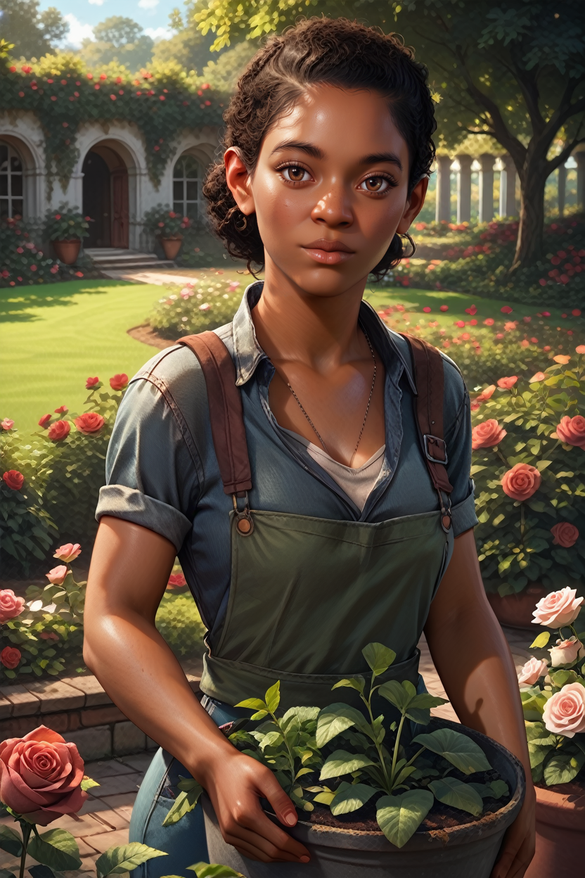 score_9, score_8_up, score_7_up, score_6_up
<lora:TLOURiley:1.0>
TLOURiley, 1girl, dark skin, black hair, brown eyes, looking at viewer, rose garden, gardening, floral background