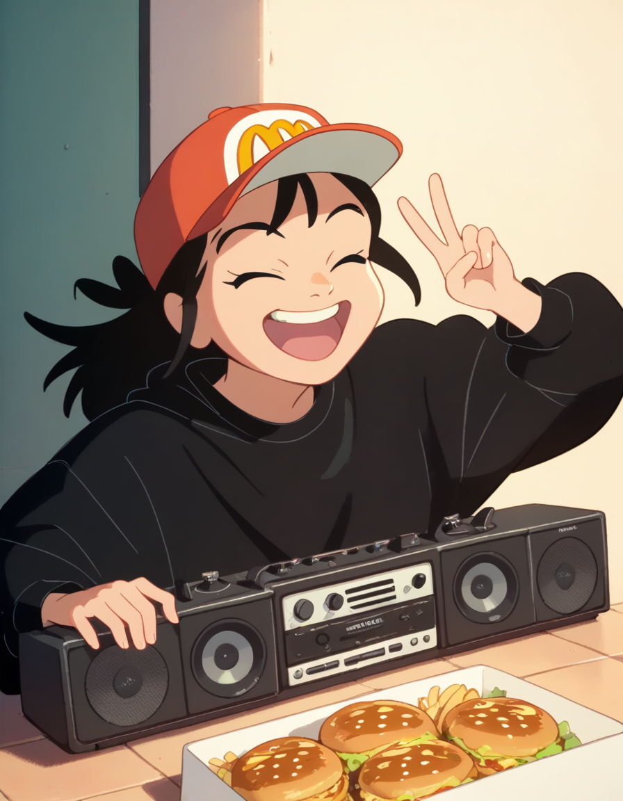 score_9,  score_8_up, score_7_up, source_anime, <lora:kikimac-ponyxl-000009:0.9> 1girl, solo, kikimac, streetwear, baseball cap,
v, laughing, closed eyes, boombox, mcdonald's