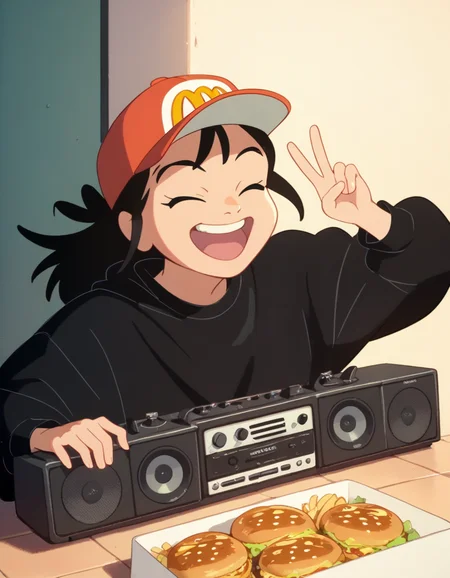 score_9, score_8_up, score_7_up, source_anime, <lora:kikimac-ponyxl-000009:0.9> 1girl, solo, kikimac, streetwear, baseball cap,
v, laughing, closed eyes, boombox, mcdonald's