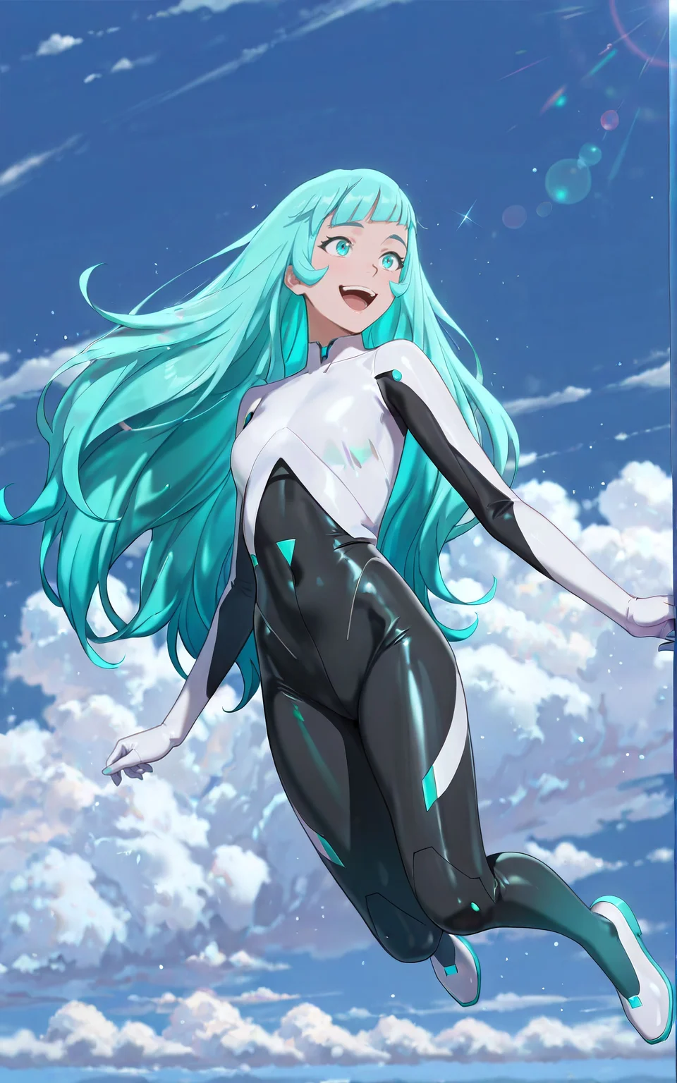 ((Masterpiece, Ultra Detail, Best Quality, Anatomically Correct, Fullbody View))
Flying Stance, in the Sky, looking excited
<lora:Mist_Pantheon:1> M1st, 1girl, aqua eyes, aqua hair, long hair, bangs