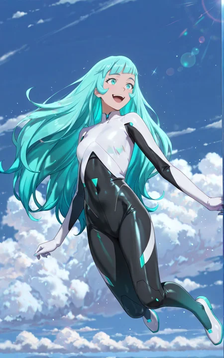 ((Masterpiece, Ultra Detail, Best Quality, Anatomically Correct, Fullbody View)) 
Flying Stance, in the Sky, looking excited
<lora:Mist_Pantheon:1> M1st, 1girl, aqua eyes, aqua hair, long hair, bangs