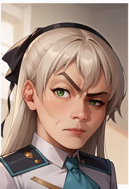 score_9, score_8_up, source_anime, 1girl, rockseyebrowraise, <lora:RocksEyebrowRaise_XLPD:1>, upper body, raised eyebrow, thick eyebrows, <lora:elie-pdxl-nvwls-v1:1> zeroElie, black hairband, hair ribbon, long hair, ascot, uniform,