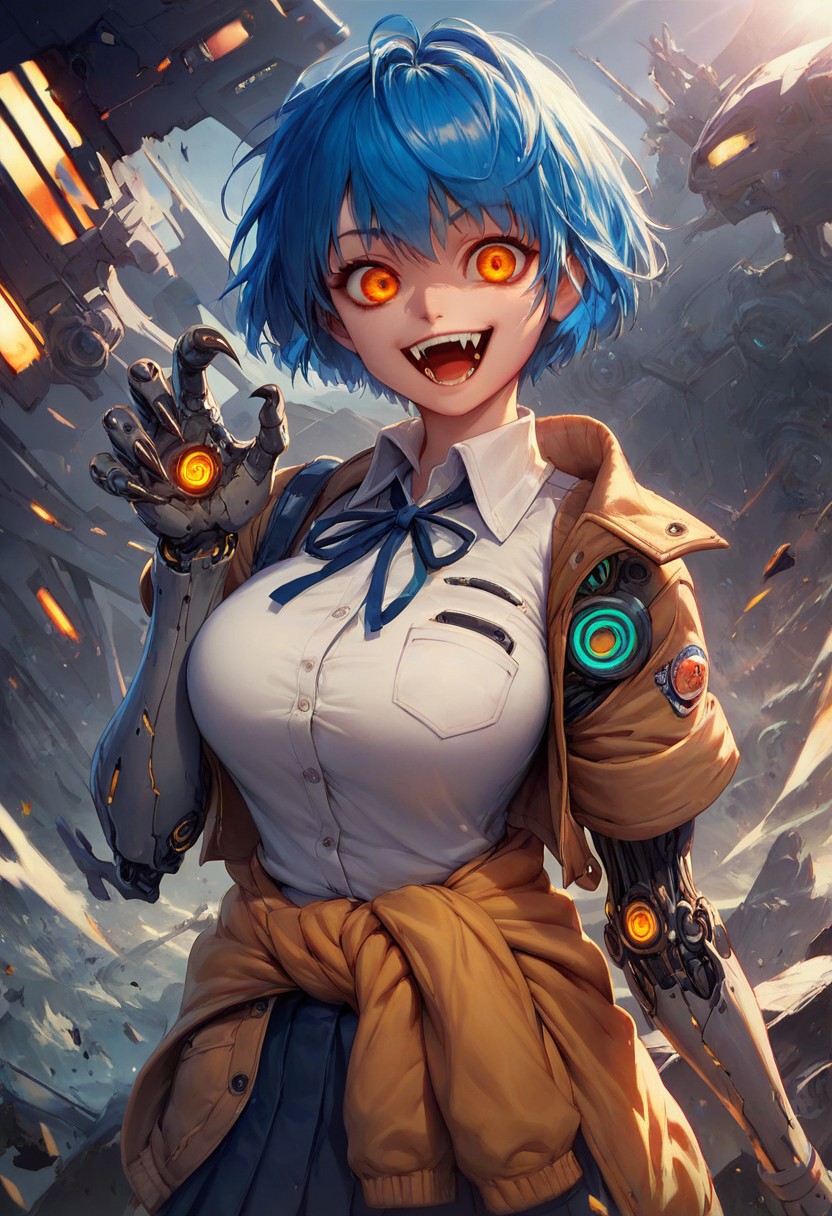 Score_9, score_8_up, score_7_up, score_6_up BREAK 1girl, blue hair, orange eyes, fangs, open mouth smile, short hair, school uniform, petit, tied jacket around waist, large breasts, looking at viewer, crazy, cybernetics, claws, futuristic, sci-fi, battlefield, exterior, daytime, highly detailed, beautiful art, beautiful background, beautiful lighting