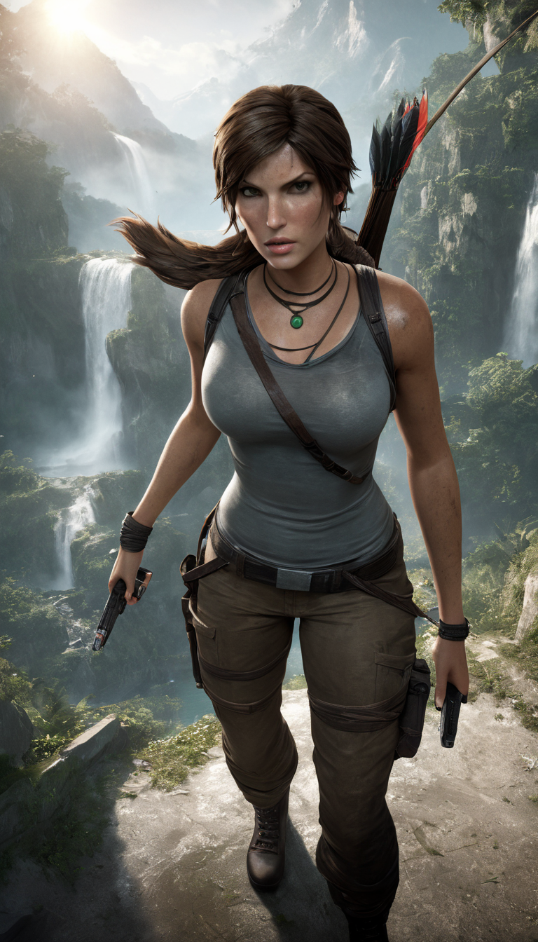 Cinematic scene, hero view, Lara Croft <lora:lara_croft_xl_v2:1>, action pose, detailed background, masterpiece, best quality, high quality, highres, absurdres