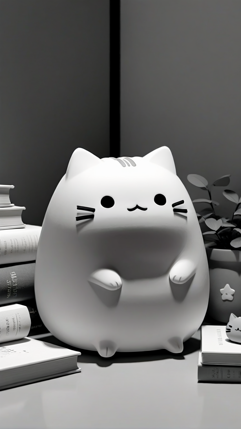 <lora:3DPrintingXL:1>,whitemold,3d printed mold,art style,greyscale,monochrome, Pusheen, 1character, solo, cat, chubby, cute expression, wearing a pastel-colored outfit, sitting in a cozy corner with books, soft lighting.
