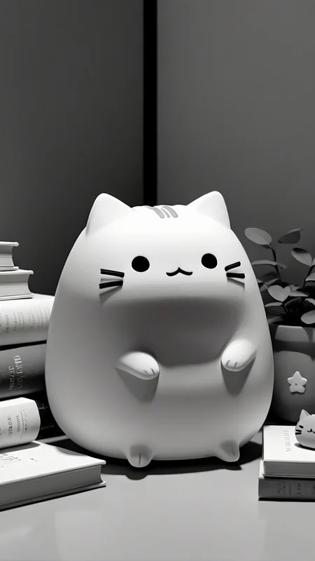 <lora:3DPrintingXL:1>,whitemold,3d printed mold,art style,greyscale,monochrome, Pusheen, 1character, solo, cat, chubby, cute expression, wearing a pastel-colored outfit, sitting in a cozy corner with books, soft lighting.