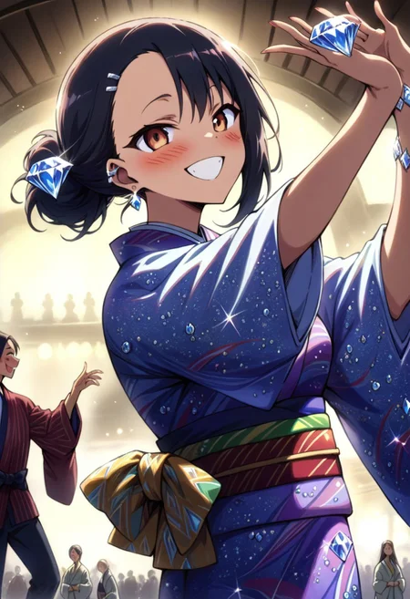 (masterpiece,best quality:1.5), high quality details,, amazing quality,  newest, scenery, volumetric lighting 
shiny skin, utatane hiroyuki, BREAK, diamond in hands, diamond earings,
1girl, nagatoro hayase
japanese kimono, colorful kimono,
, smile, happy, dancing, 
jewel
diamondMW, countless diamonds,