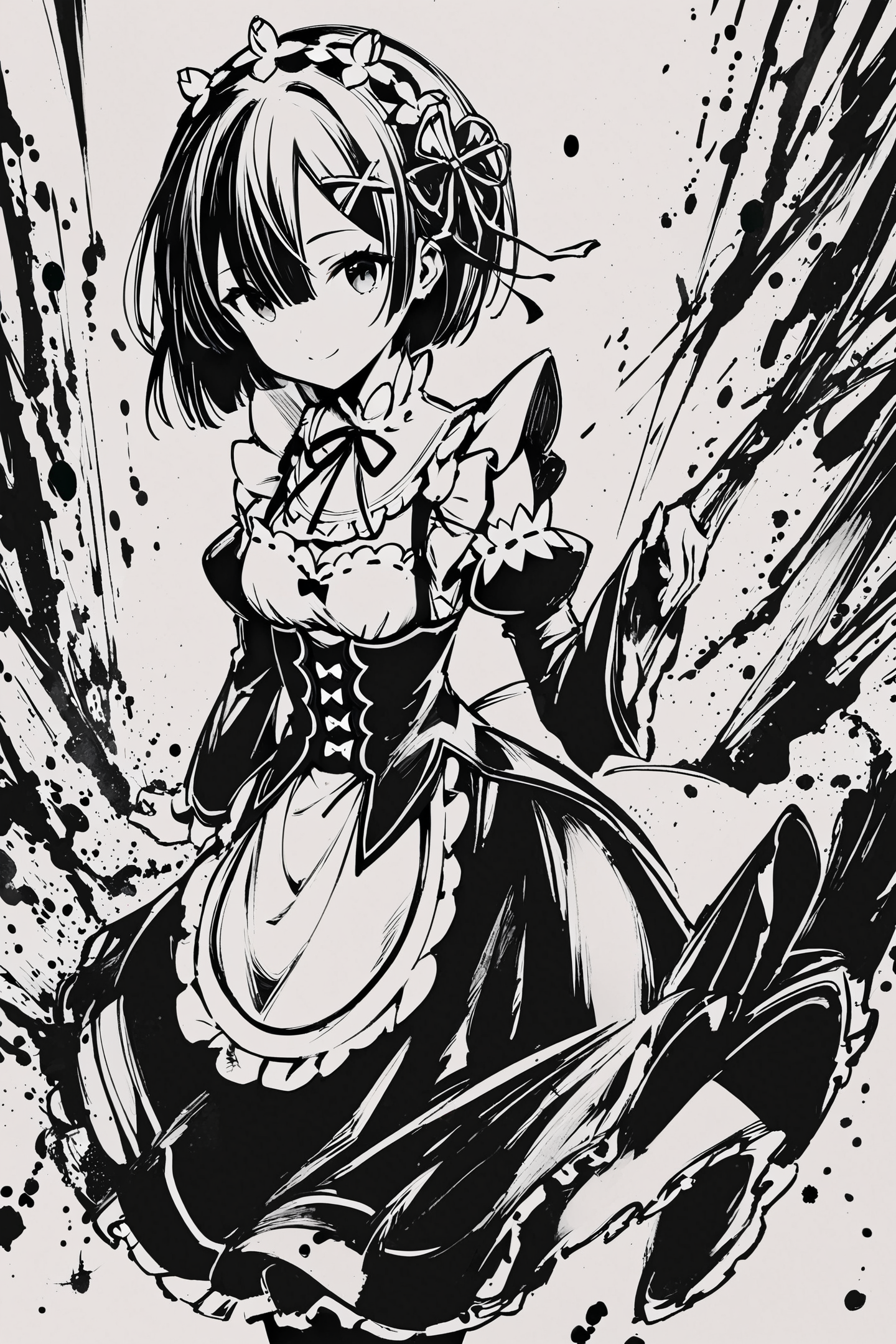 score_9,score_8_up,score_7_up,masterpiece,best quality,
monochrome,greyscale,1girl,solo,rem (re:zero),x hair ornament,short hair,hair ornament,maid,looking at viewer,ribbon,maid headdress,long sleeves,dress,roswaal mansion maid uniform,smile,hair ribbon,puffy sleeves,frills,apron,bangs,closed mouth,medium breasts,dress,juliet sleeves,cowboy shot,flower,hair between eyes,waist apron,ink \(medium\),
<lora:okazu_XL_PONY:0.9>,