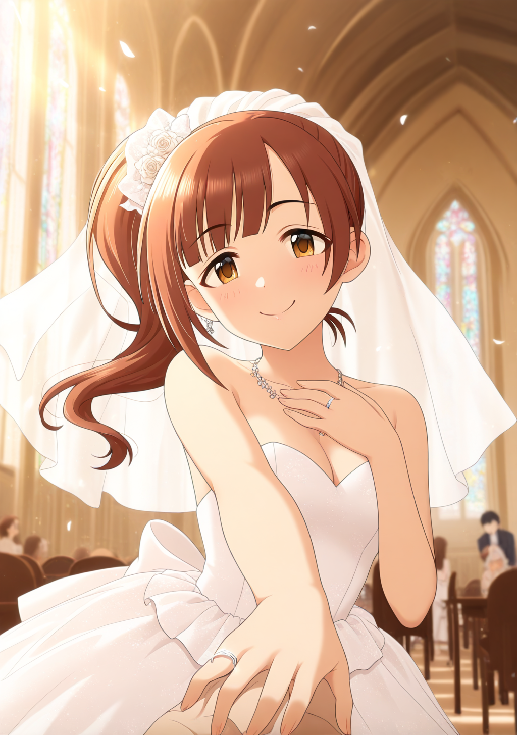 masterpiece, best quality, absurdres, perfect lighting,shiny skin,<lora:StS-Illustrious-Detail-Slider-v1.0:3>,<lora:illustrious_noobai_epsilon_pred_1_best_quality_v1:1>,<lora:anime_screencap-IL v-pred:1>, anime screencap, anime coloring,idolmaster cinderella girls,1girl,igarashi kyoko,brown hair, side ponytail,brown eyes, <lora:igarashi_kyoko:1>,wedding ring, wedding dress, bridal veil, church, flower,depth of field, day,happy, smile,reaching towards viewer,