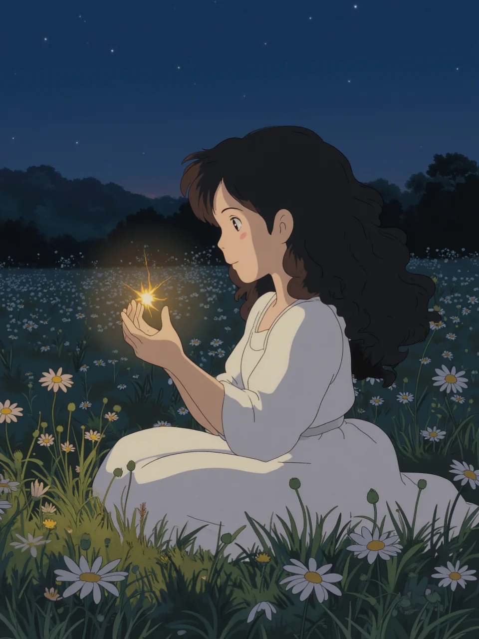 A young girl with long, curly black hair and a flowing white dress is sitting on the ground, surrounded by wildflowers. She is holding a glowing firefly in her hand, watching it flicker gently. The scene is set in a meadow at dusk, with the first stars beginning to appear. The light is soft and warm, casting a magical glow.