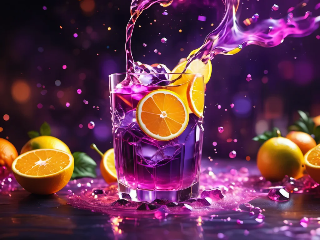 GWMDetail, vibrant glowing purple drink, in the style of a product hero shot in motion, dynamic magazine ad image, photorealism, sleep and mystical elements around the background, hyper realistic, best quality, high quality, masterpiece, 8K UHD, highly detailed, ultra detailed <lora:GWMDetail_v1.0:1>