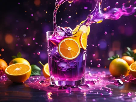 GWMDetail, vibrant glowing purple drink, in the style of a product hero shot in motion, dynamic magazine ad image, photorealism, sleep and mystical elements around the background, hyper realistic, best quality, high quality, masterpiece, 8K UHD, highly detailed, ultra detailed <lora:GWMDetail_v1.0:1>