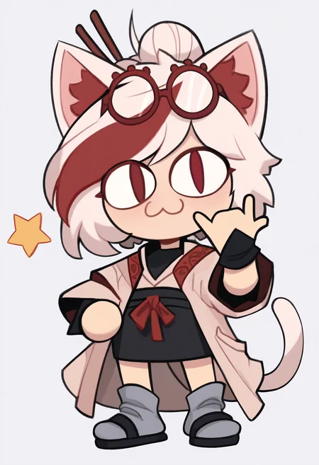 masterpiece, best quality, absurdres, 1girl,noccen,animal ears, :3, chibi, cat tail, animal ear fluff, slit pupils prhacn11, red-framed glasses, eyewear on head, red eyes, white hair, streaked hair, white coat, black shirt, black skirt, red trim, black cuffs, hair sticks,grey socks,sandals,\\m/, star \(symbol\) <lora:prhac_n11:0.8> <lora:necoarccon-guy90-Illust-LycorisV1:1>