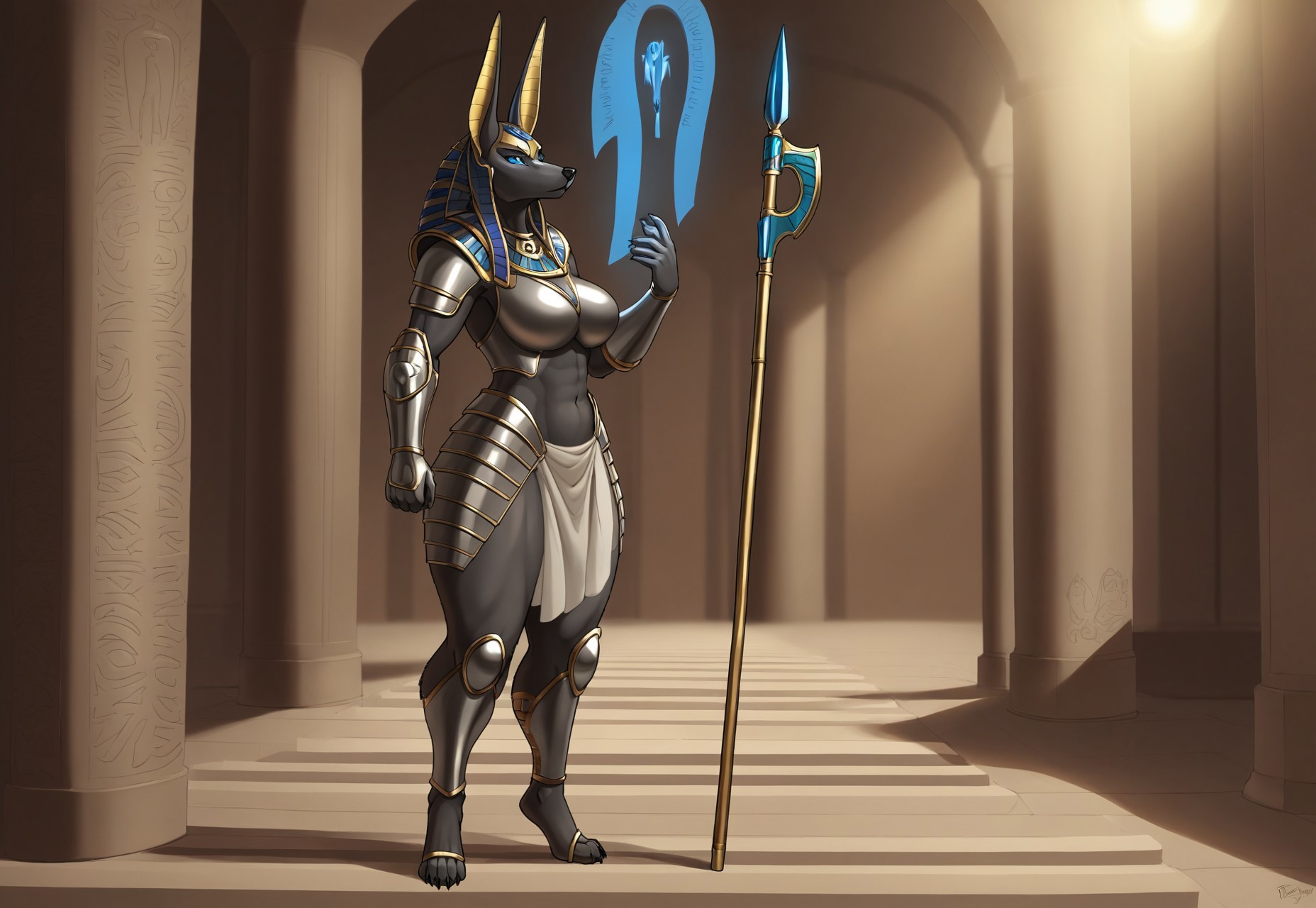 stargate, jackal(((masterpiece))) Anubis helmet, (((gray armor))), Furry, Anubis, female, Furry, , female,((high quality))), (((ultra detail))), (8K), (((cinematic lighting))),strong body  (((best quality))), , spear, claws, gauntlet, stargatejackal, voluptuous, curvy, ((((tiptoes)))s, blue eyes glow(((extra thicc thighs)))