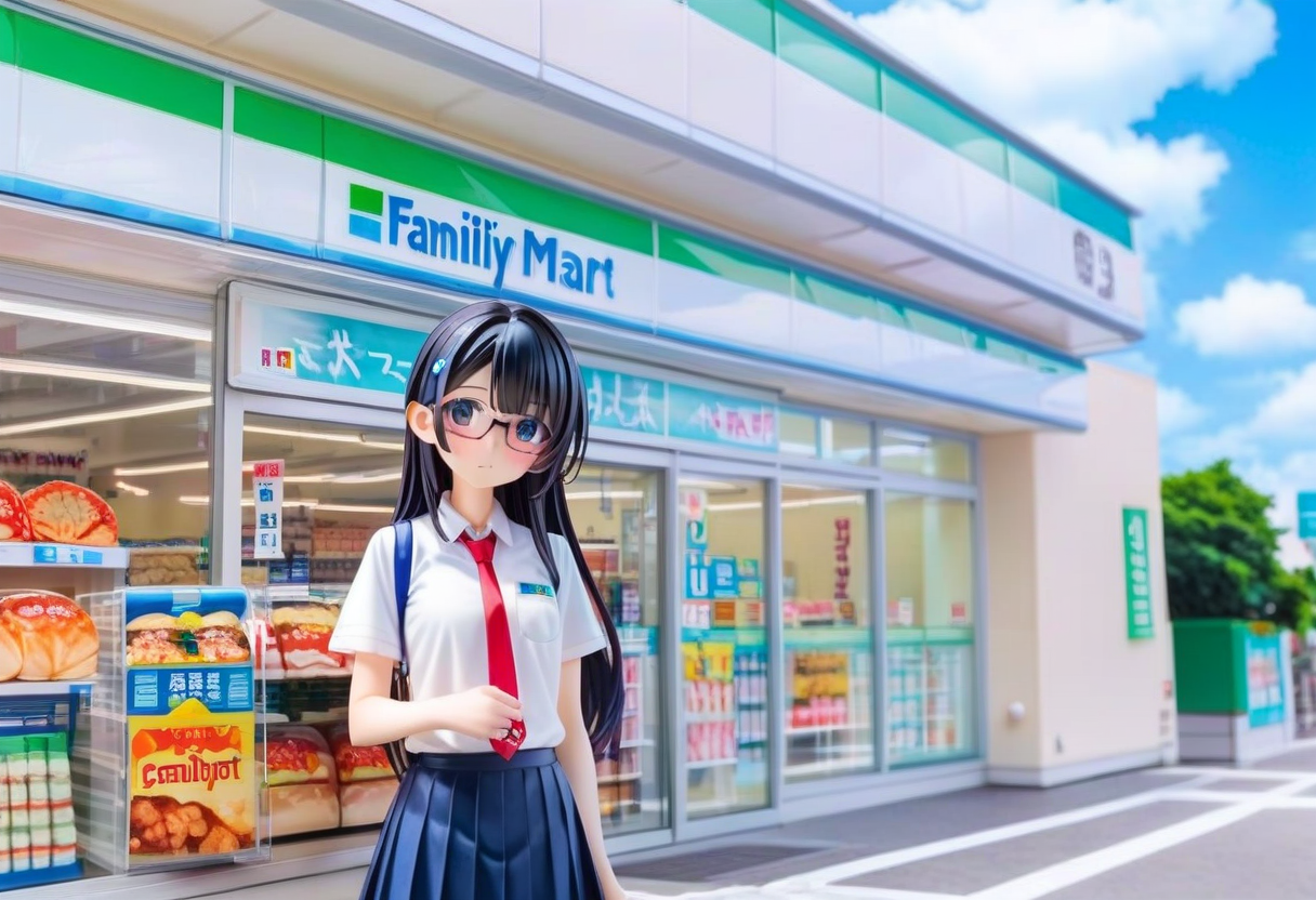 score_9, score_8_up, score_7_up, rating_safe, masterpiece, best quality, absurdres, unity 8k wallpaper, official art, official style, source_anime, uncensored, game cg, megami magazine,
1girl, solo, glasses, black hair, long hair,  collared shirt, red necktie, pleated skirt, blue skirt, looking at viewer, blush, upper body, short sleeves,
famima, konbini, scenery, storefront, convenience store, shop, scenery, outdoors, sky, cloud, day, blue sky, sign, japan
<lora:famima_storefront_PONY_V1:1>