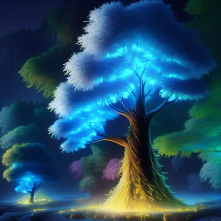 detailed tree textures, high-resolution scene with a white background, depicting two blue glowing trees in the background, vibrant colors, Digital painting in the style of O'Hara, and a fantasy forest setting with glowing fantasy creatures around them, a simple dark fantasy artwork in a cartoon style. The digital art features a colorful