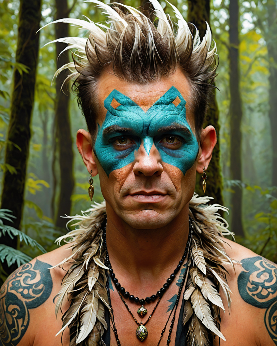 painting, Aging stocky (Male Elemental:1.3) , Playing with Hair, he has Faux hawk hair, Hateful Feather boa, Mystical forest clearing, Panorama, painterly, cartoony, creative, portrait art by Ben Hatke <lora:shaman2:1> adrr-shmn, tattoo, colored skin, jewelry, facepaint, glossy, original, complex, epic atmosphere, contemporary