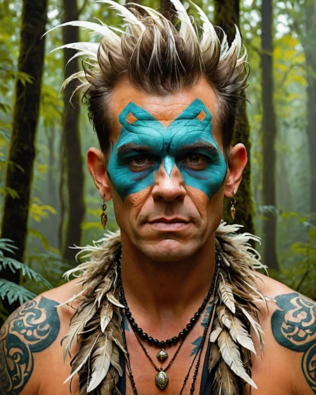 painting, Aging stocky (Male Elemental:1.3) , Playing with Hair, he has Faux hawk hair, Hateful Feather boa, Mystical forest clearing, Panorama, painterly, cartoony, creative, portrait art by Ben Hatke <lora:shaman2:1> adrr-shmn, tattoo, colored skin, jewelry, facepaint, glossy, original, complex, epic atmosphere, contemporary