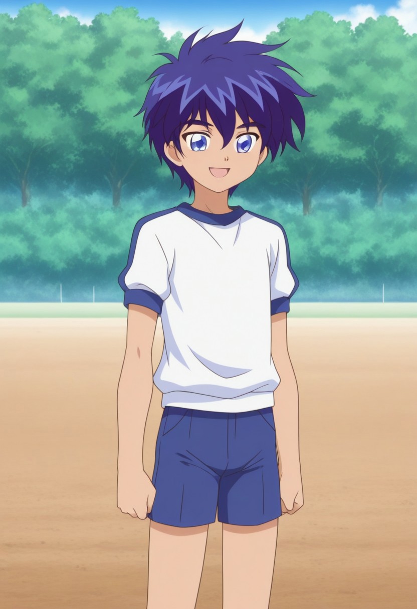 masterpiece,best quality,amazing quality, source_anime, retro artstyle,
sheido, 1boy, male focus, solo, blue eyes, blue hair, gym uniform, shorts, happy,
outdoor,
