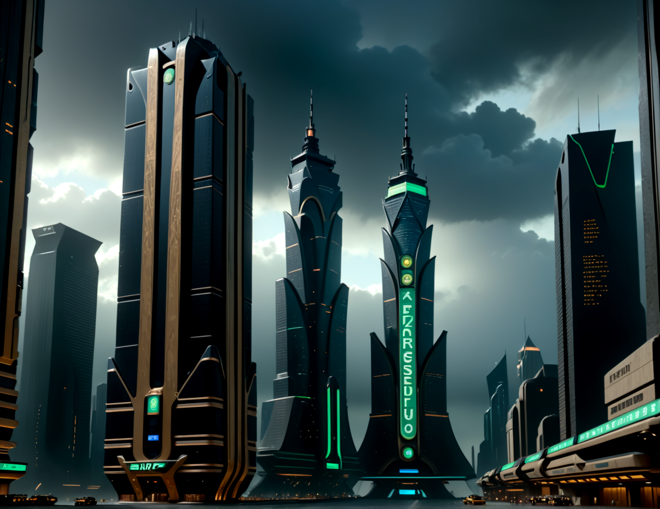score_9, score_8_up, score_7_up,
<lora:Dystopian_Future_(Architecture)_(SDXL)_(AD):1> Dystopian Future, monumental architecture, architecture, city, cityscape, scenery, building, skyscraper, future, scifi, science fiction,  
8K, In'ei, chiaroscuro, rim lighting, perfect depth of field shot, beautiful, sharp focus, crisp details, subsurface scattering, idealized city, wide boulevards, busy city center, large plazas, plazas, photographic anime clouds and haze, dark rainy overcast skies, black clouds, green tan haze, photographic realism, buildings, skyscrapers, metropolis, 8K CGI render, oppressive scale of architecture, black titanium, 
BREAK zPDXL, zPDXLxxx, <lora:sdxl_lightning_8step_lora:0.4> <lora:detailed_notrigger:0.5>