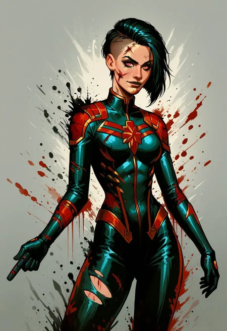 score_9, score_8_up, score_7_up, score_6_up, dcaustyle, 1girl, captain marvel, black bodysuit, glowing black, goth filr, raven, hair, undercut, pointy breasts, cowboy shot, spacecraft interior, 2d, glowing pink eyes, sexy pose,smile, ripped suit, broken suit, scars, blood, wounded, dynamic pose