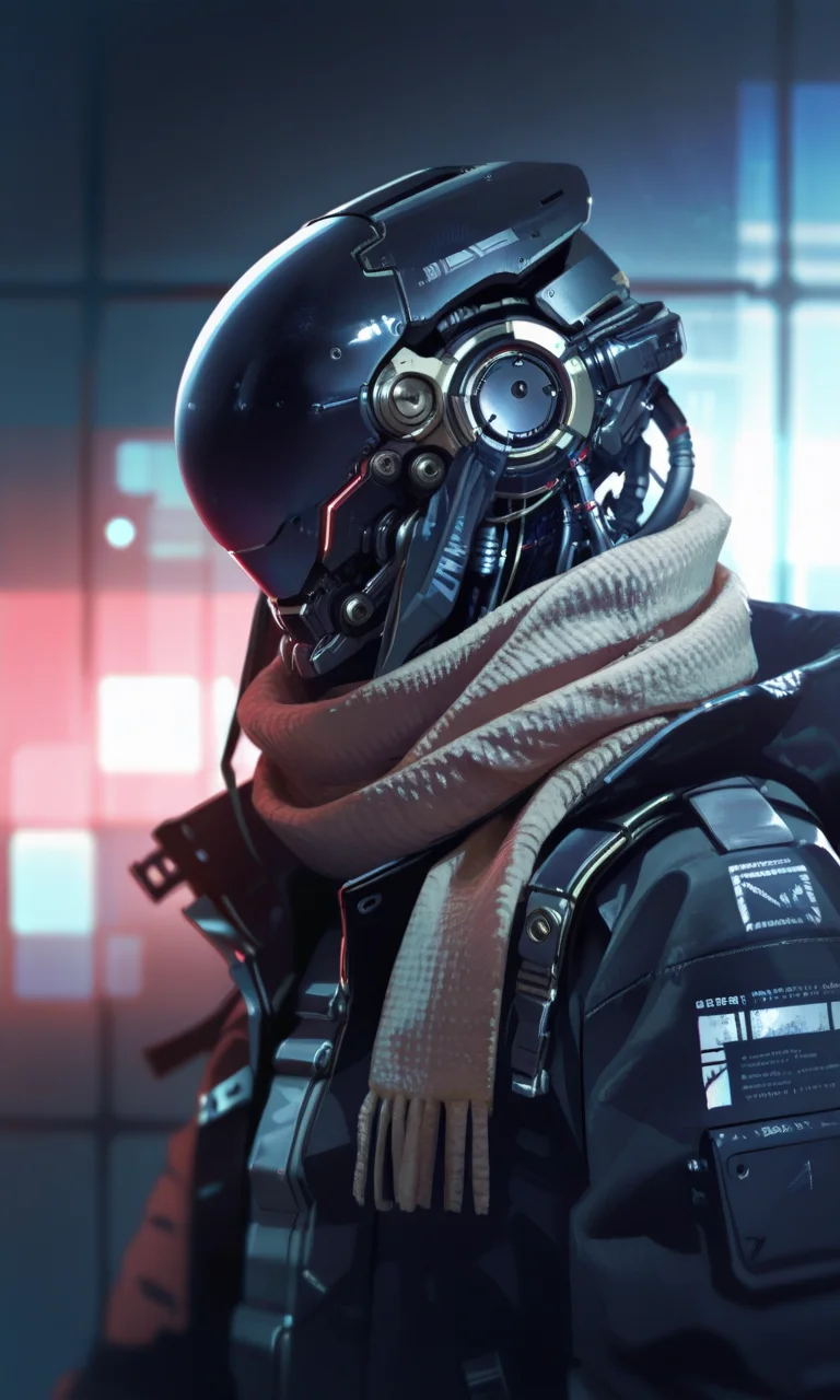 A futuristic cybernetic headpiece with intricate mechanical details and a sleek matte finish worn by a person in a dark jacket and a knitted scarf set against a blurred light-colored background, close, side_view <lora:- iLL - the_edgy_mech_V3.0:1>