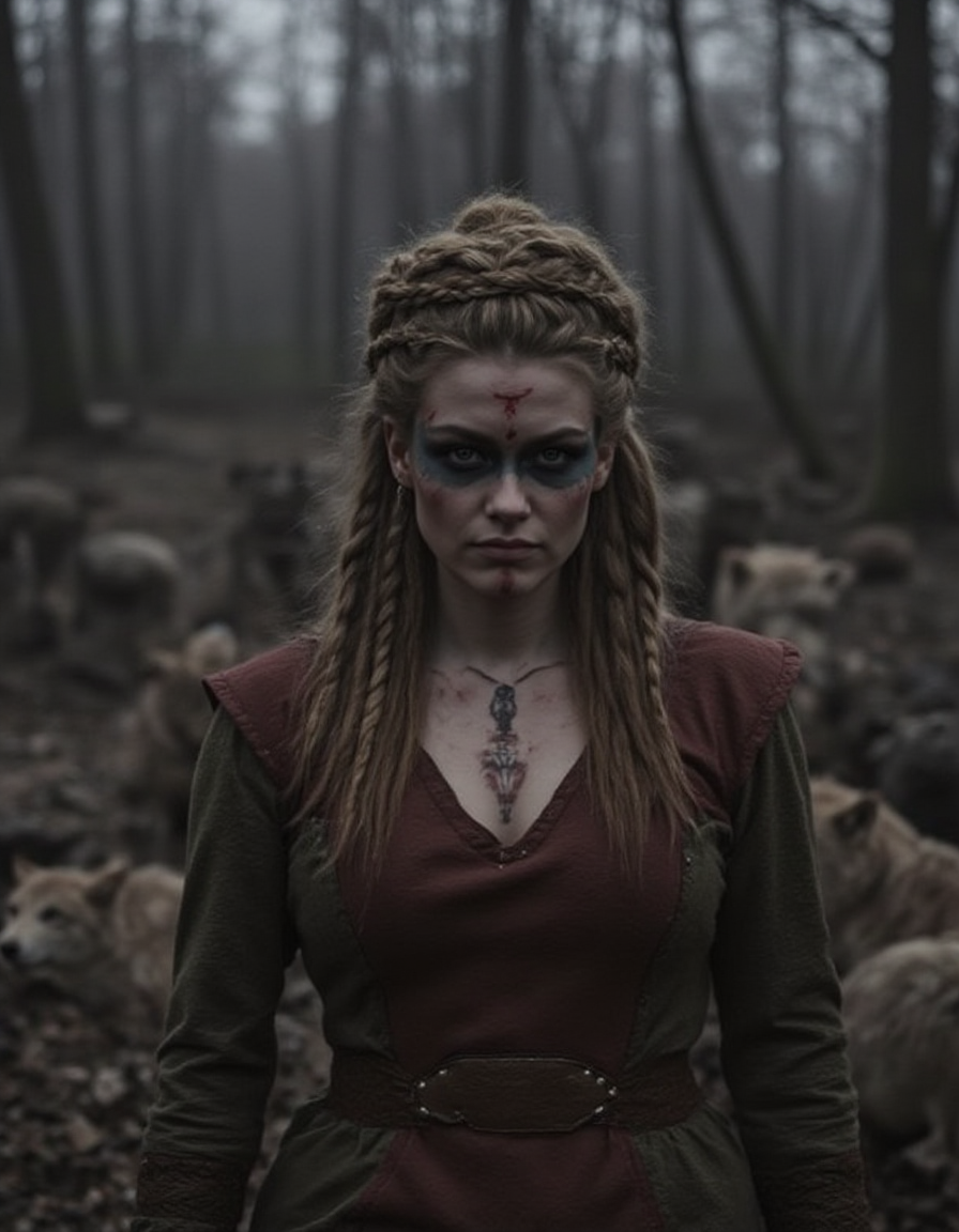 a woman  viking female with braided hair, and war paint in her face, stand in a dusk wood, with some wolfs arounf her <lora:Female_Vikings_Hairstyle:1> v1k1ng2, braids, viking, face