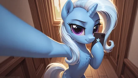 resolution,masterpiece,high resolution,my little pony,friendship is magic resolution,masterpiece,high resolution,solo,wild,pony,woman,on a small tower,taking a selfie,conductor smartphone, Trixie pony, blue body, violet eyes,
long, wavy mane and tail are silver-white with blue inserts, the mane is neatly laid, <lora:Trixie:1>
