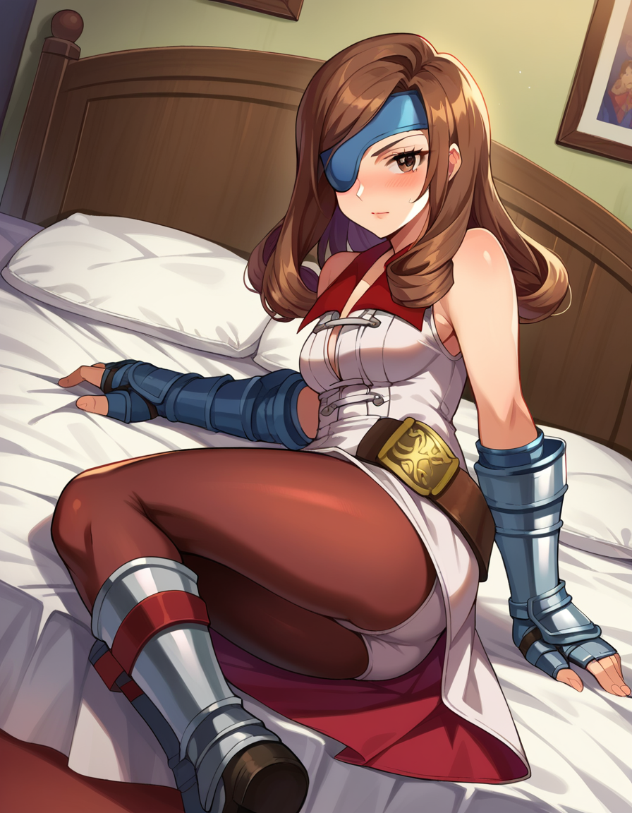 score_9, score_8_up, score_7_up, source_anime,
ffbeatrix, <lora:ff-beatrix-ponyxl-lora-nochekaiser:1>,
beatrix, brown eyes, brown hair, drill hair, eyepatch,
armor, belt, black pantyhose, boots, dress, gauntlets, gloves, greaves, pantyhose, shirt, sleeveless, sleeveless shirt, white dress,
indoors, bed, bed room, on side, blush, drunk,
looking at viewer, dutch angle, cowboy shot,
