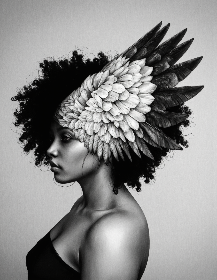 By Laura H. Rubin. A high-resolution, black and white photograph with a dramatic and surreal aesthetic. The subject is a woman with a striking, otherworldly appearance. She is shown in profile, facing left, with her head adorned by a fantastical headdress that merges seamlessly with her hair. The headdress is a large, intricately detailed bird's wing, with feathers extending outward and upward, creating a dynamic, almost majestic effect. The wing's texture is meticulously detailed, showcasing the individual feathers and their varying shades of black and white. The woman's face is partially obscured by the wing, adding to the mystique and surrealism of the image. Her hair is styled in a voluminous, curly afro, which contrasts with the smooth, sleek texture of the headdress. She is wearing a strapless, off-the-shoulder top that is not visible in full, but the subtle contour of her shoulders is discernible. The background is a soft, gradient gray that fades into a lighter tone, drawing attention to the subject without distracting from the intricate details of the headdress and the woman's features. The overall mood of the photograph is both ethereal and powerful, blending elements of nature and human form in a captivating and artistic manner. <lora:Laura_H._Rubin_II:0.8>