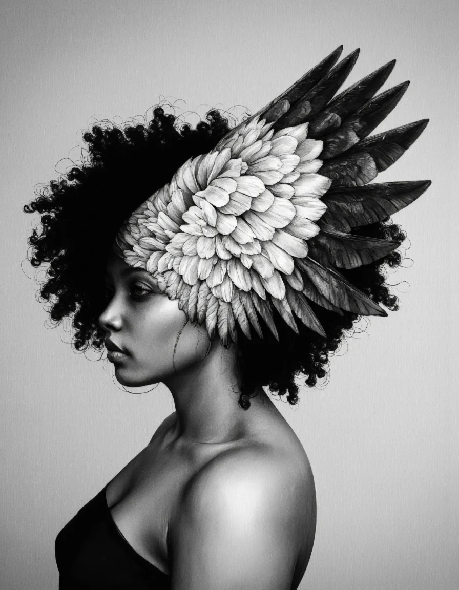 By Laura H. Rubin. A high-resolution, black and white photograph with a dramatic and surreal aesthetic. The subject is a woman with a striking, otherworldly appearance. She is shown in profile, facing left, with her head adorned by a fantastical headdress that merges seamlessly with her hair. The headdress is a large, intricately detailed bird's wing, with feathers extending outward and upward, creating a dynamic, almost majestic effect. The wing's texture is meticulously detailed, showcasing the individual feathers and their varying shades of black and white. The woman's face is partially obscured by the wing, adding to the mystique and surrealism of the image. Her hair is styled in a voluminous, curly afro, which contrasts with the smooth, sleek texture of the headdress. She is wearing a strapless, off-the-shoulder top that is not visible in full, but the subtle contour of her shoulders is discernible. The background is a soft, gradient gray that fades into a lighter tone, drawing attention to the subject without distracting from the intricate details of the headdress and the woman's features. The overall mood of the photograph is both ethereal and powerful, blending elements of nature and human form in a captivating and artistic manner. <lora:Laura_H._Rubin_II:0.8>