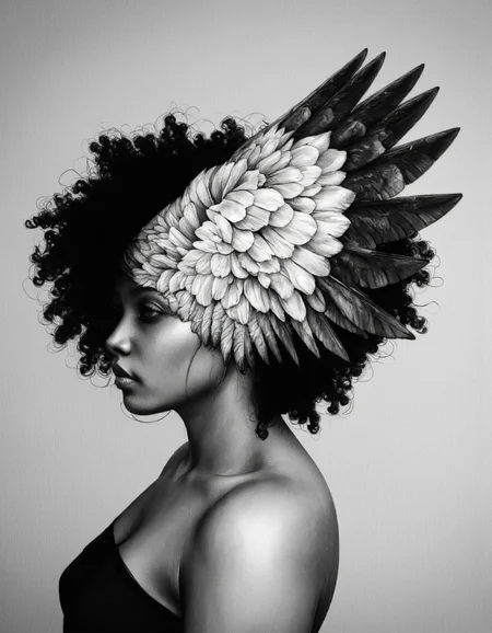 By Laura H. Rubin. A high-resolution, black and white photograph with a dramatic and surreal aesthetic. The subject is a woman with a striking, otherworldly appearance. She is shown in profile, facing left, with her head adorned by a fantastical headdress that merges seamlessly with her hair. The headdress is a large, intricately detailed bird's wing, with feathers extending outward and upward, creating a dynamic, almost majestic effect. The wing's texture is meticulously detailed, showcasing the individual feathers and their varying shades of black and white. The woman's face is partially obscured by the wing, adding to the mystique and surrealism of the image. Her hair is styled in a voluminous, curly afro, which contrasts with the smooth, sleek texture of the headdress. She is wearing a strapless, off-the-shoulder top that is not visible in full, but the subtle contour of her shoulders is discernible. The background is a soft, gradient gray that fades into a lighter tone, drawing attention to the subject without distracting from the intricate details of the headdress and the woman's features. The overall mood of the photograph is both ethereal and powerful, blending elements of nature and human form in a captivating and artistic manner. <lora:Laura_H._Rubin_II:0.8>