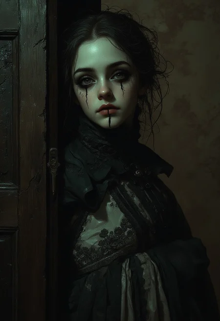 Create an intricately detailed, hyper-realistic head-and-shoulders portrait of an aging, cracked Victorian-era porcelain and paper-mâché doll. She is small in stature, no bigger than a small child and peers around the edge of a dark wooden doorway, her delicate porcelain fingers barely visible as they grip the frame. A deep, jagged crack splits her forehead, and her glossy black void-like eyes lock onto the viewer with a sinister, knowing grin. A cold, unnatural glow from behind silhouettes her figure, casting an eerie halo around her wild, dust-matted curls. Her once-elegant Victorian gown, adorned with tattered lace and intricate embroidery, clings to her fragile frame, the frayed edges barely catching the dim light. The peeling wallpaper behind her reveals darkened wood panels, their surfaces warped with time. Wisps of dust swirl in the air, illuminated by the unsettling backlight, as faint whispers seem to emanate from the shadowed hallway beyond. The air is thick with haunting elegance, a perfect balance of beauty and creeping dread as she lingers in the doorway, watching… waiting.