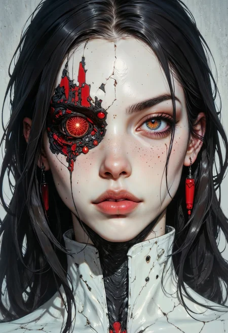 a close-up portrait of a female character with a futuristic and cybernetic theme. Her skin is pale with visible cracks, resembling porcelain, and her left eye is replaced by a glowing red cybernetic eye with intricate circuitry patterns. The right eye is natural, with a strikingly intense gaze. She has long, dark hair that appears slightly wet or slicked back. The character wears a high-collared, white garment that complements the mechanical elements of her face. A small red earring dangles from her left ear, adding a touch of color contrast. The overall composition is centered, focusing on the character's face, with a muted gray background that enhances the vividness of the red elements.