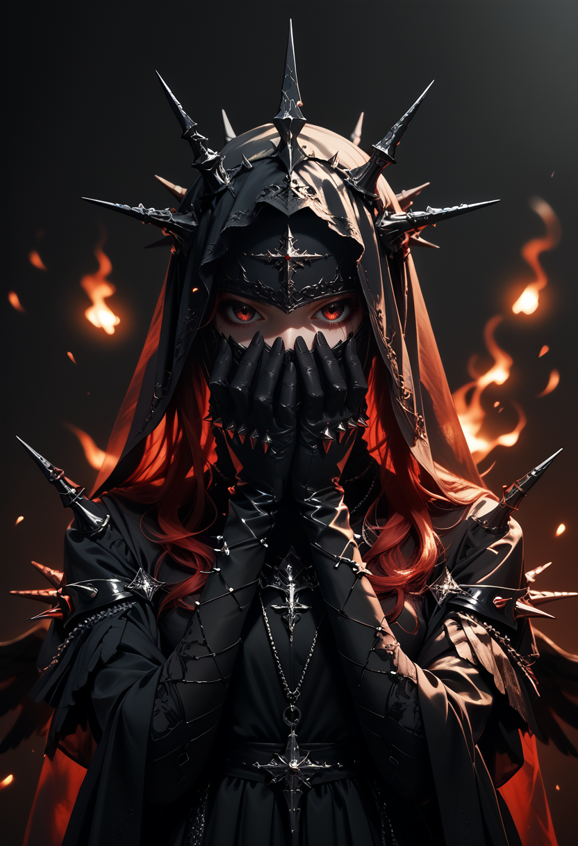 score_9, score_8_up, score_7_up, 1girl, long hair, simple background, black hair, long sleeves, dress, jewelry, upper body, red hair, grey background, necklace, black dress, gradient, gradient background, glowing, black background, veil, spikes, covered face, black theme, feathered wings, hands on face, black gloves, 
depth of field, blurry background, black background, dark, embers, chaos, realistic, CINE,
<lora:unholy-000009:0.9> <lora:CINE-000008:0.4>