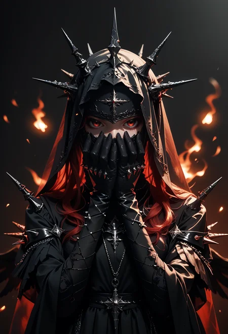 score_9, score_8_up, score_7_up, 1girl, long hair, simple background, black hair, long sleeves, dress, jewelry, upper body, red hair, grey background, necklace, black dress, gradient, gradient background, glowing, black background, veil, spikes, covered face, black theme, feathered wings, hands on face, black gloves, 
depth of field, blurry background, black background, dark, embers, chaos, realistic, CINE,
<lora:unholy-000009:0.9> <lora:CINE-000008:0.4>