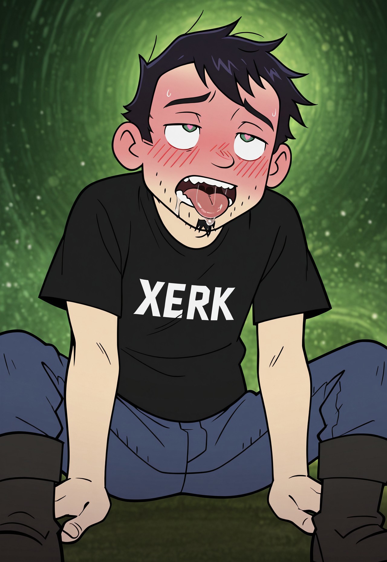 masterpiece, best quality, amazing quality, detailed background, intricate details, dynamic, cinematic, cartoon, anime, cartoon shading, solo, male focus, source_anime,high resolution, newest, depth of field, bara, yaoi, perfect face, 1boy, d4n, green eyes, black hair, messy hair, soul patch, stubble, jerk t-shirt, black t-shirt, blue jeans, black boots, eye roll, heart shaped pupils, ikigao, tongue put, saliva, blushing, dark green background, abstract background, dutch angle